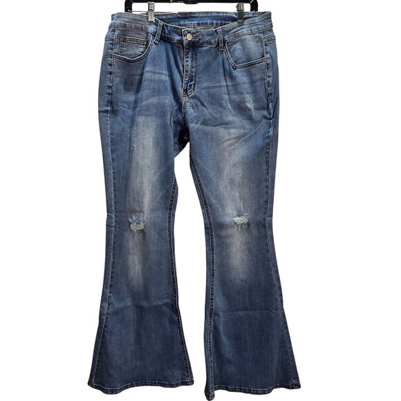 NWOT | High Waisted Distressed Denim Wide Leg Flare Bell Bottom Jeans | 2XL - Picture 1 of 5